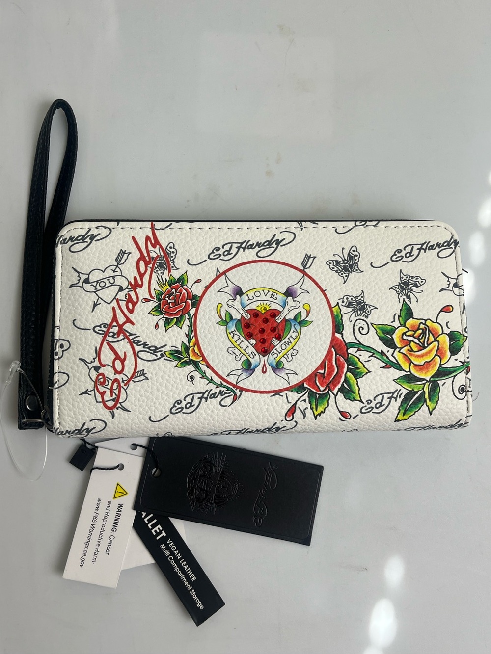 Ed Hardy White Floral Tattoo Zip-Around Wallet